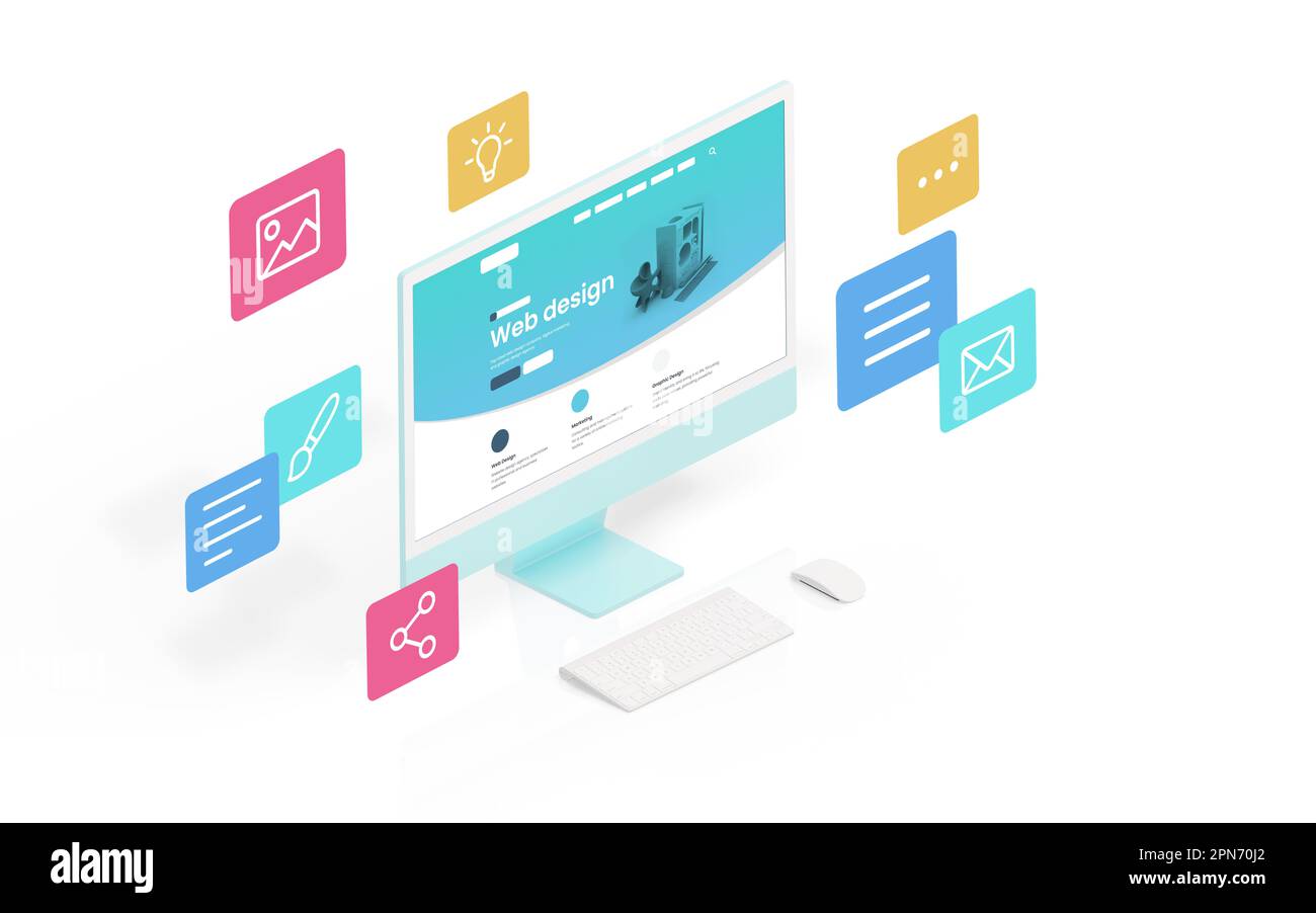 Web design studio pagina su computer display circondato da volanti elementi di layout pagina web concetto Foto Stock