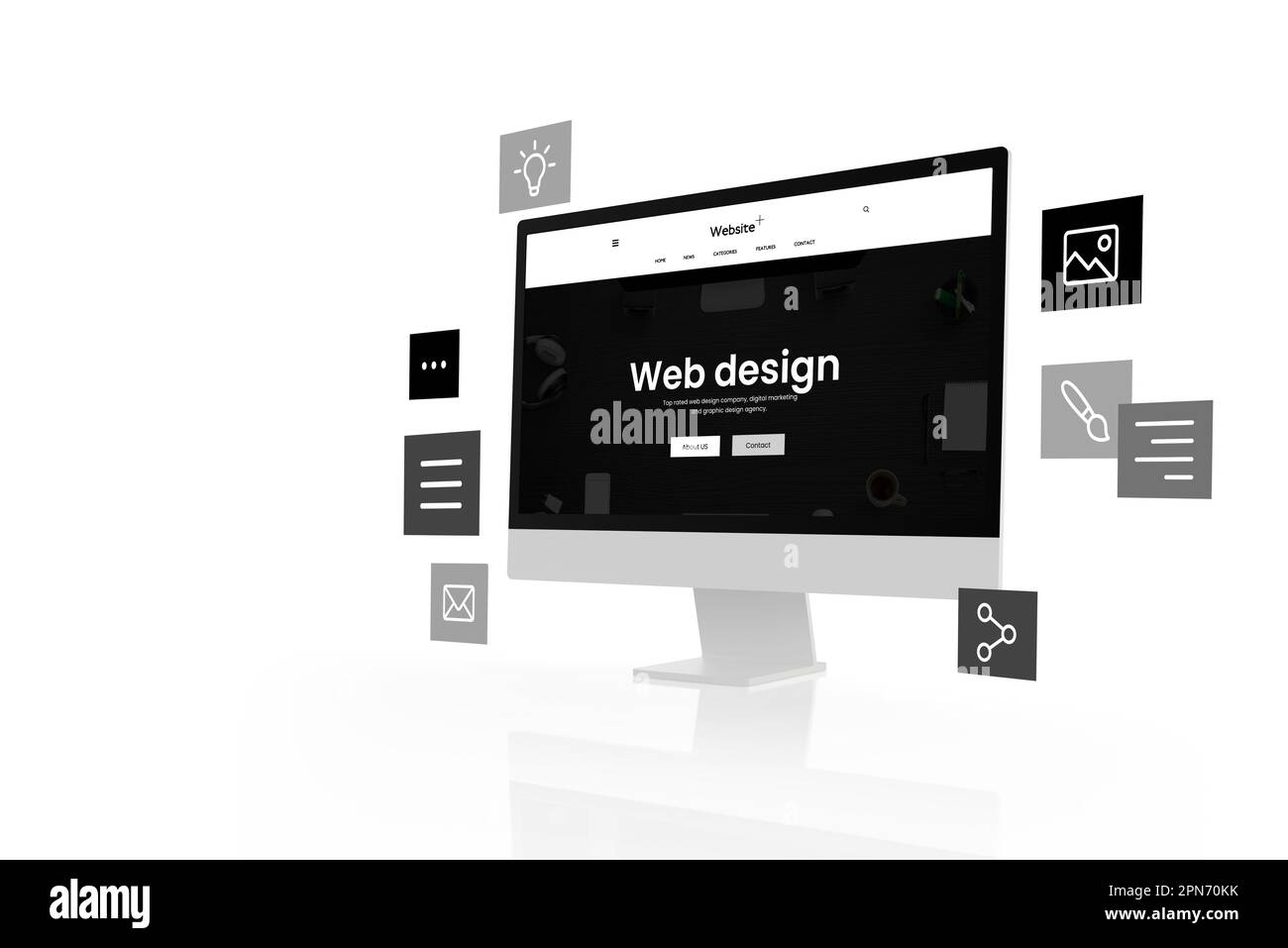 Layout di pagina di studio di web design piatto in bianco e nero su un moderno display per computer con concetto di moduli di layout di pagina volanti Foto Stock