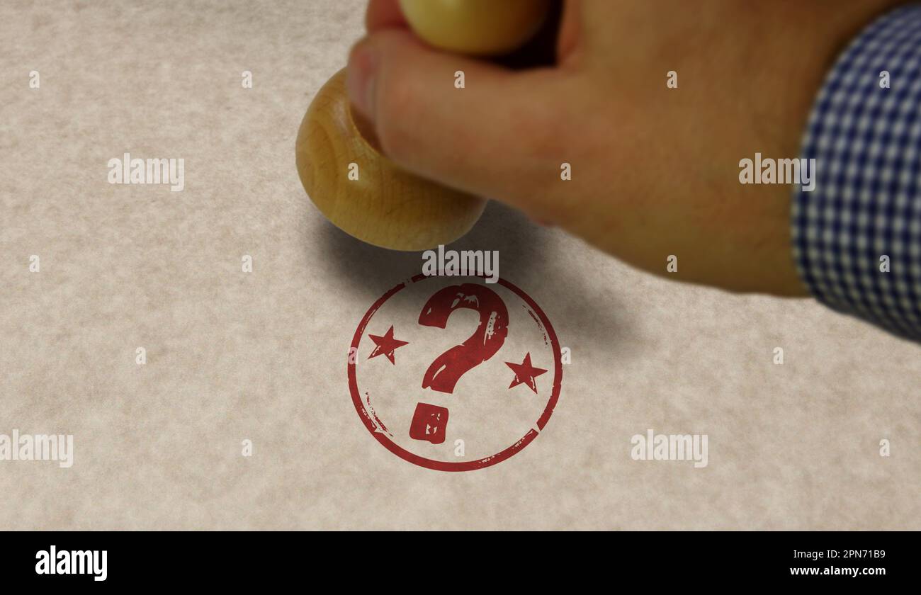 Timbro con punto interrogativo e timbratura a mano. FAQ aiutano il concetto di domanda e risposta. Foto Stock