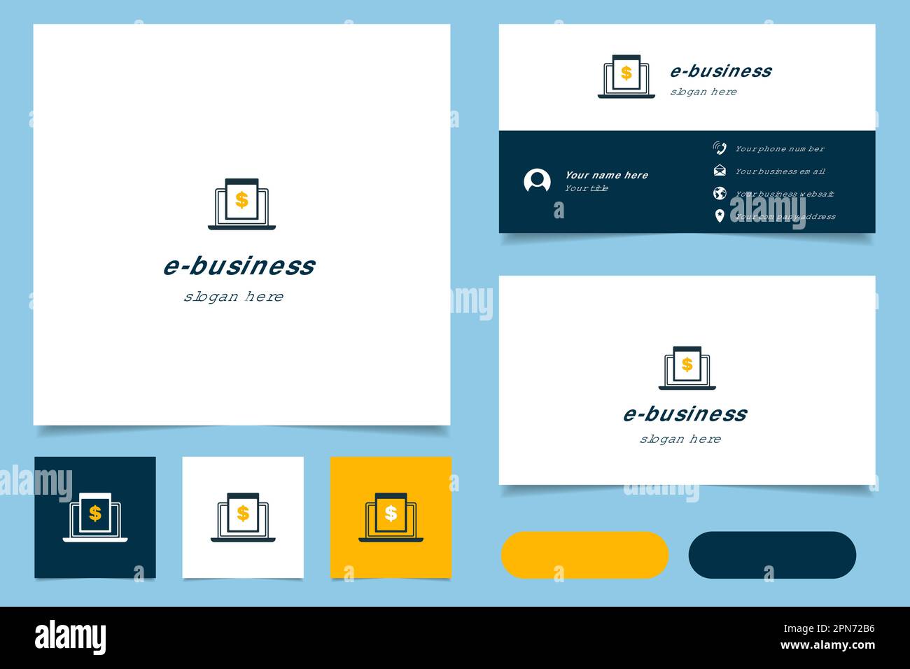 Logo e-business con slogan modificabile. Libro di branding e modello biglietto da visita. Illustrazione Vettoriale