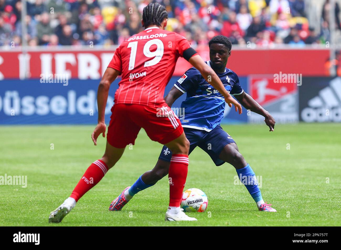 Düsseldorf, Germania 16.04.2023: 2. Bundesliga, Fortuna Düsseldorf 1:0 SV Darmstadt, Matchday 28, Braydon Manu (SV Darmstadt 98) sotto la pressione di Emmanuel Iyoha (Fortuna Duesseldorf) LA NORMATIVA DFL VIETA QUALSIASI USO DI FOTOGRAFIE COME SEQUENZE DI IMMAGINI E/O QUASI-VIDEO. Credit: ANT Palmer / Alamy Live News Foto Stock