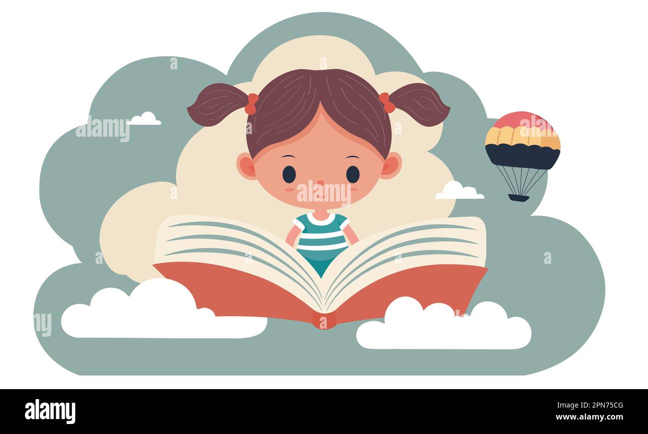Carino personaggio ragazza con libro aperto, mongolfiera su sfondo grigio e nuvole bianche. Illustrazione Vettoriale