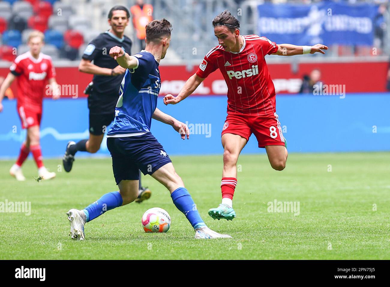 Düsseldorf, Germania 16.04.2023: 2. Bundesliga, Fortuna Düsseldorf 1:0 SV Darmstadt, Matchday 28, Michał Karbownik (Fortuna Duesseldorf) I REGOLAMENTI DFL VIETANO QUALSIASI USO DI FOTOGRAFIE COME SEQUENZE DI IMMAGINI E/O QUASI-VIDEO. Credit: ANT Palmer / Alamy Live News Foto Stock