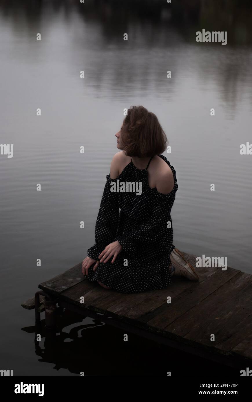 Vista su una ragazza in vestito vicino al lago in tempo nuvoloso Foto Stock
