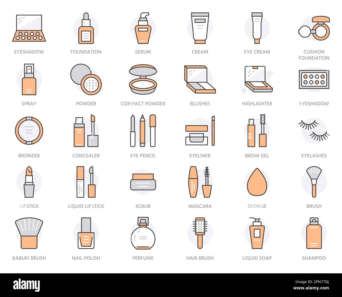 Trucco bellezza cura icone linea piatta. Illustrazioni cosmetiche di rossetto, mascara ciglia, polvere, ombretti, fondazione cuscino, smalto per unghie, capelli Illustrazione Vettoriale