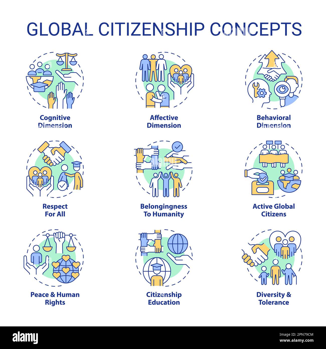 Icone del concetto di cittadinanza globale Illustrazione Vettoriale