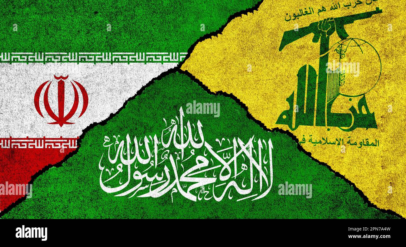 Hamas, Hezbollah e Iran si bandierano insieme su uno sfondo strutturato. Relazioni tra Iran, Hezbollah e Hamas concetto Foto Stock