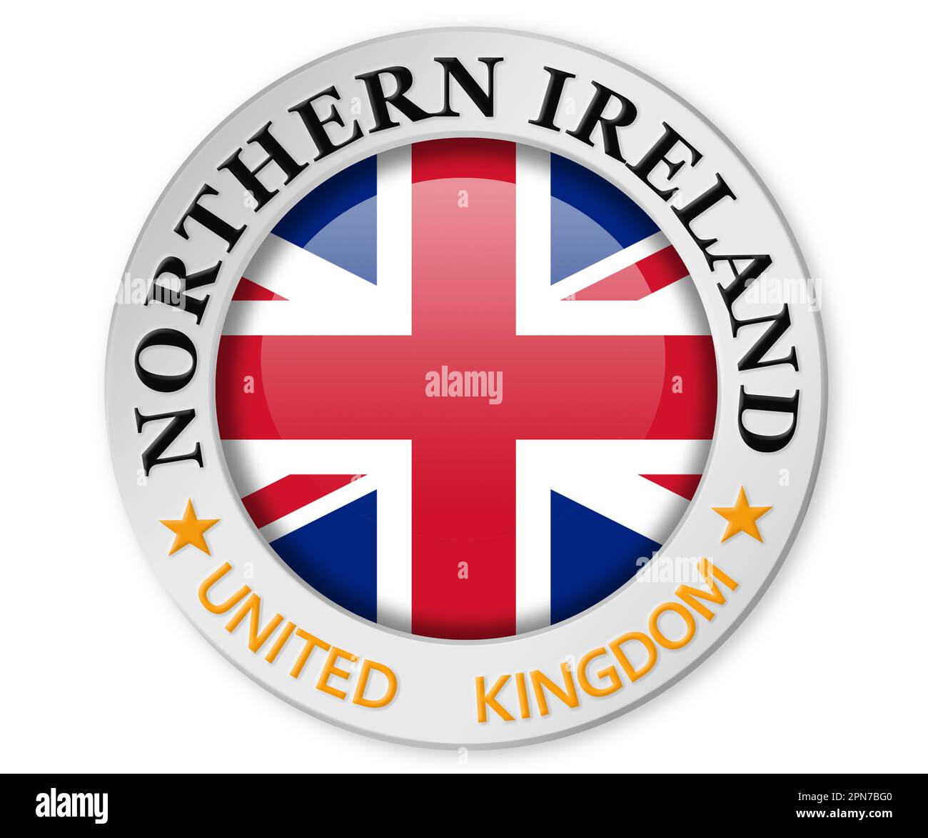 Badge in argento con bandiera dell'Irlanda del Nord e del Regno Unito, rendering 3D Foto Stock