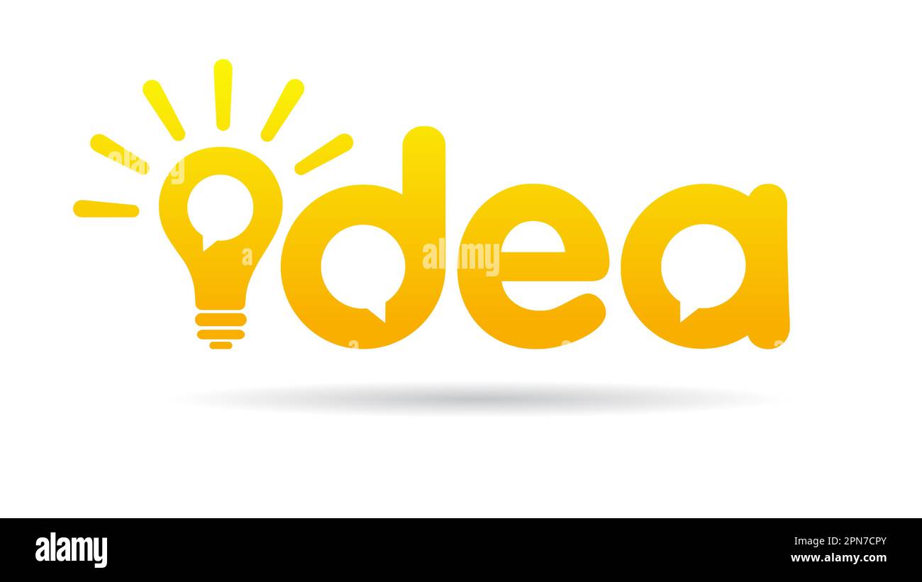 Idea, scrittura creativa della parola. Idea Concept con lampadina luminosa e brillante su sfondo bianco. Design piatto, illustrazione vettoriale Illustrazione Vettoriale