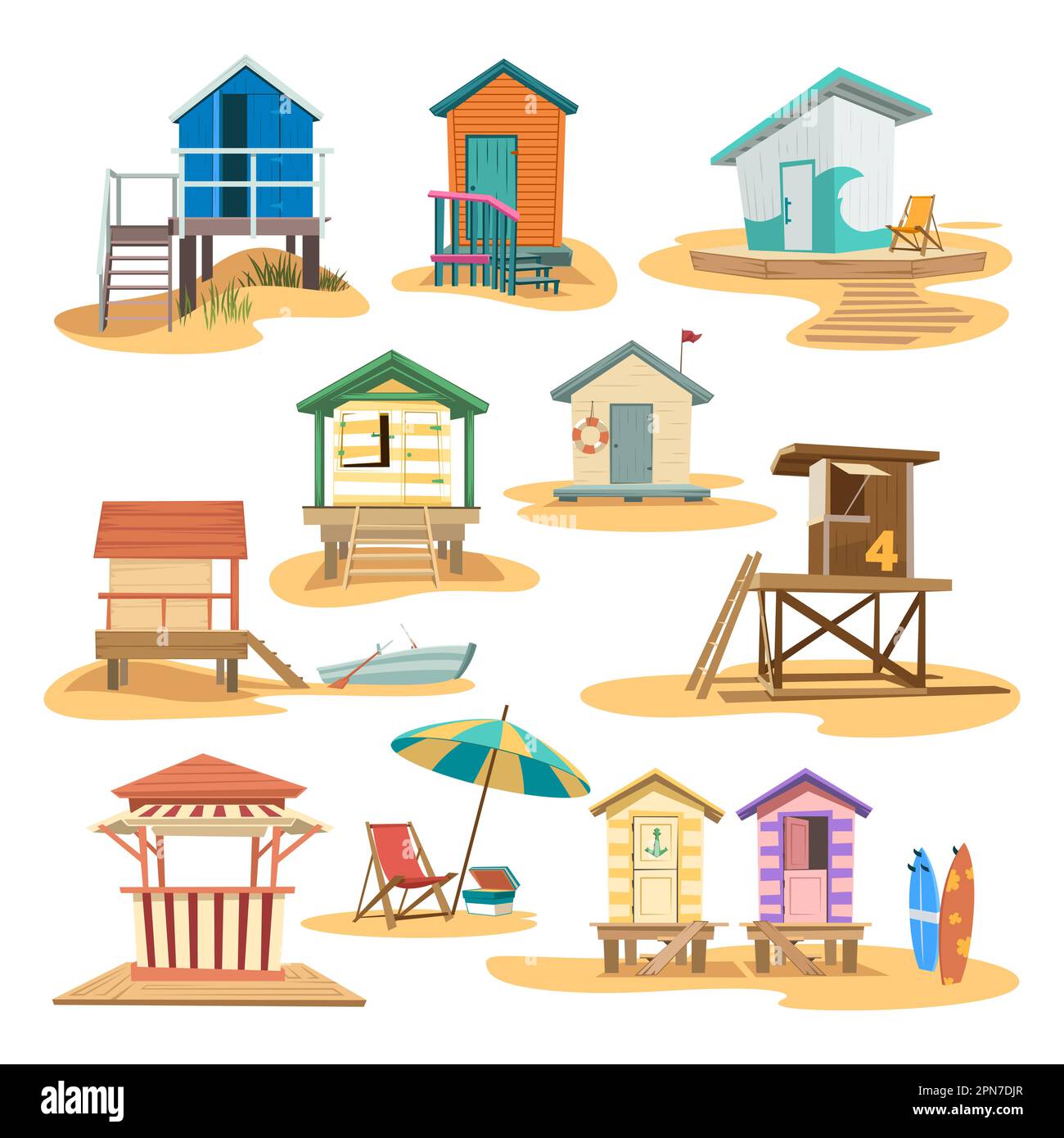 Diverse case sulla spiaggia set di illustrazioni vettoriali Illustrazione Vettoriale