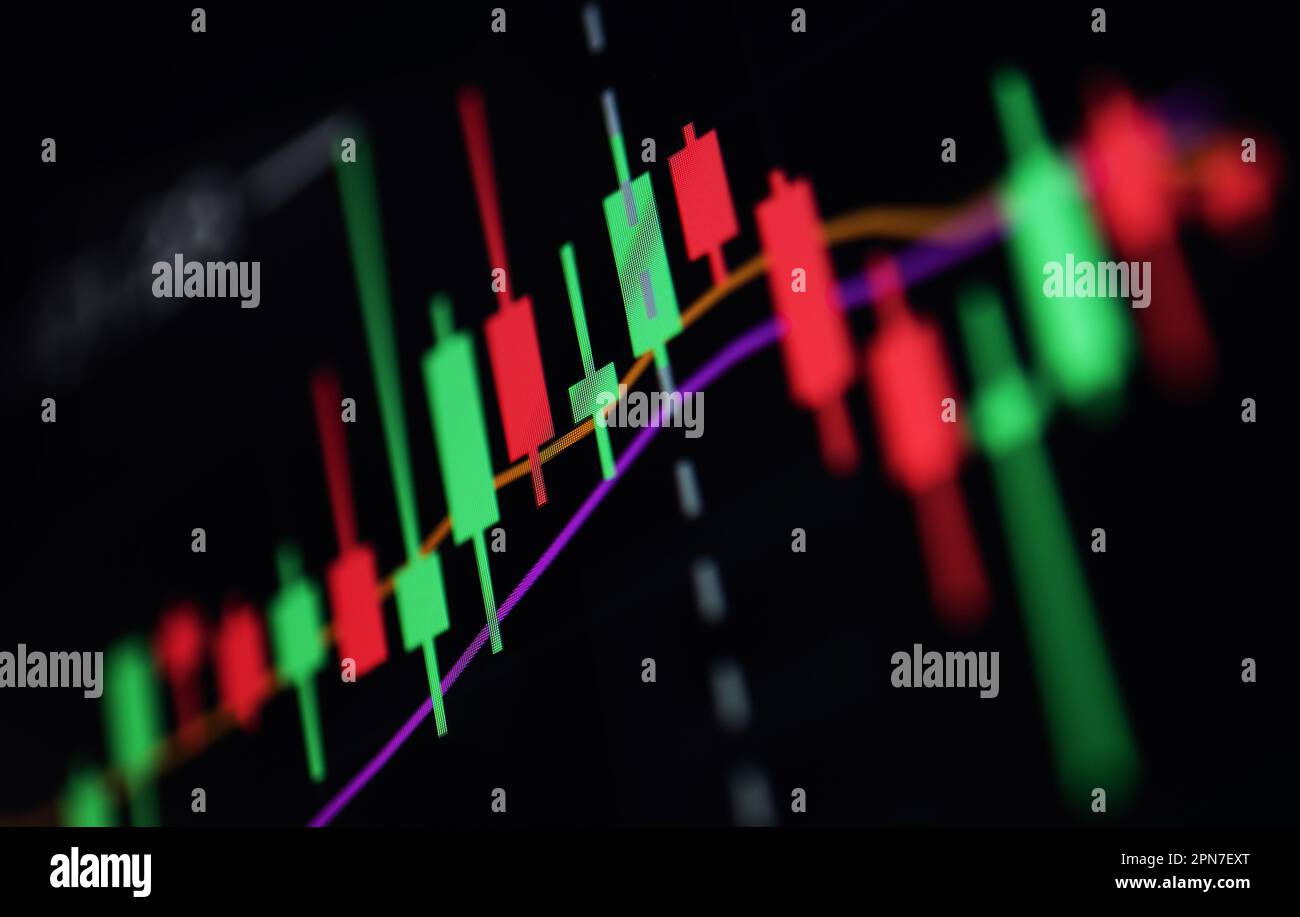 Grafico Crypto visualizzato sullo schermo del computer che mostra l'analisi del mercato di negoziazione della criptovaluta. Tema del commercio e degli investimenti. Foto Stock