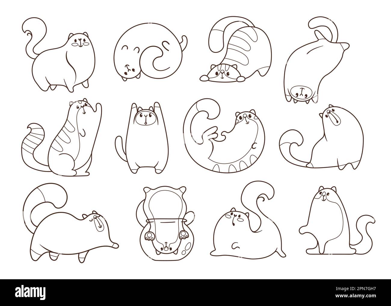 Gatti comici in differenti pose vettore doodles set Illustrazione Vettoriale