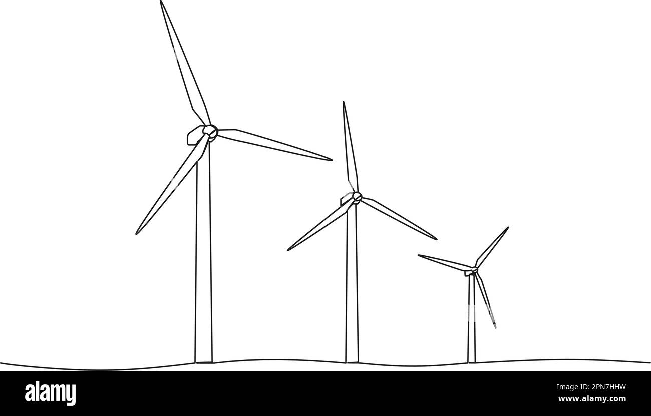 disegno continuo a linea singola di centrali eoliche, turbine eoliche a energia rinnovabile disegno vettoriale line art Illustrazione Vettoriale