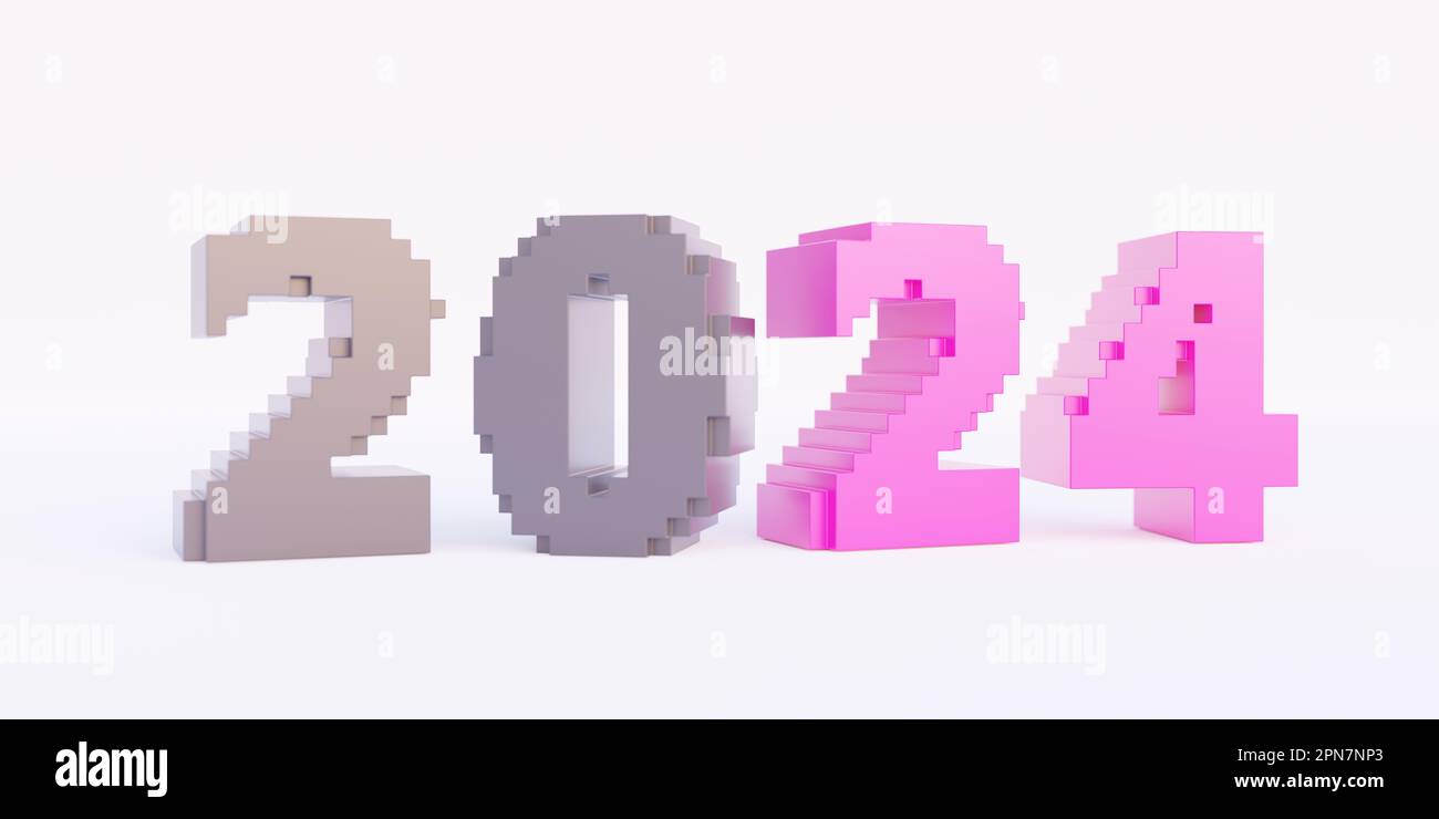 2024 Felice anno nuovo, Voxel Art, isometrico misc colore 2024 numero isolato su sfondo bianco. Stile pixel, biglietto d'auguri digitale. rendering 3d Foto Stock