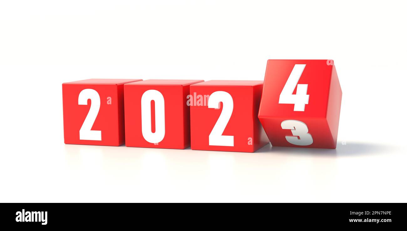 2024 Modifica del nuovo anno. Cubo rosso con cifra isolata su sfondo bianco. L'ultimo cubo passa da tre a quattro. Un biglietto d'auguri che cambia la vita. rendering 3d Foto Stock