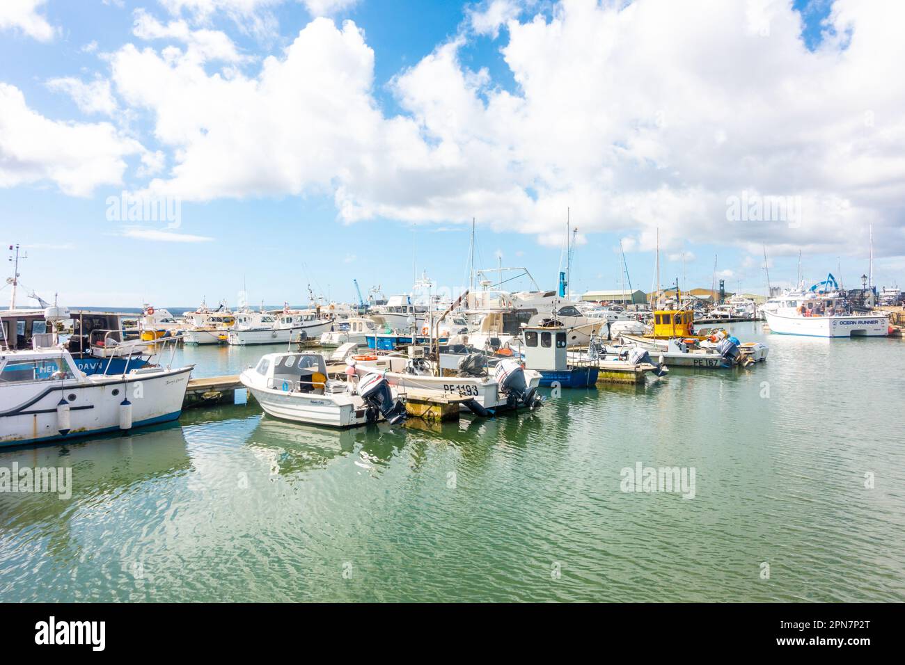 Barche ormeggiate ai pontoni al Fisherman's Dock a Poole Harbour a Dorset, Regno Unito Foto Stock