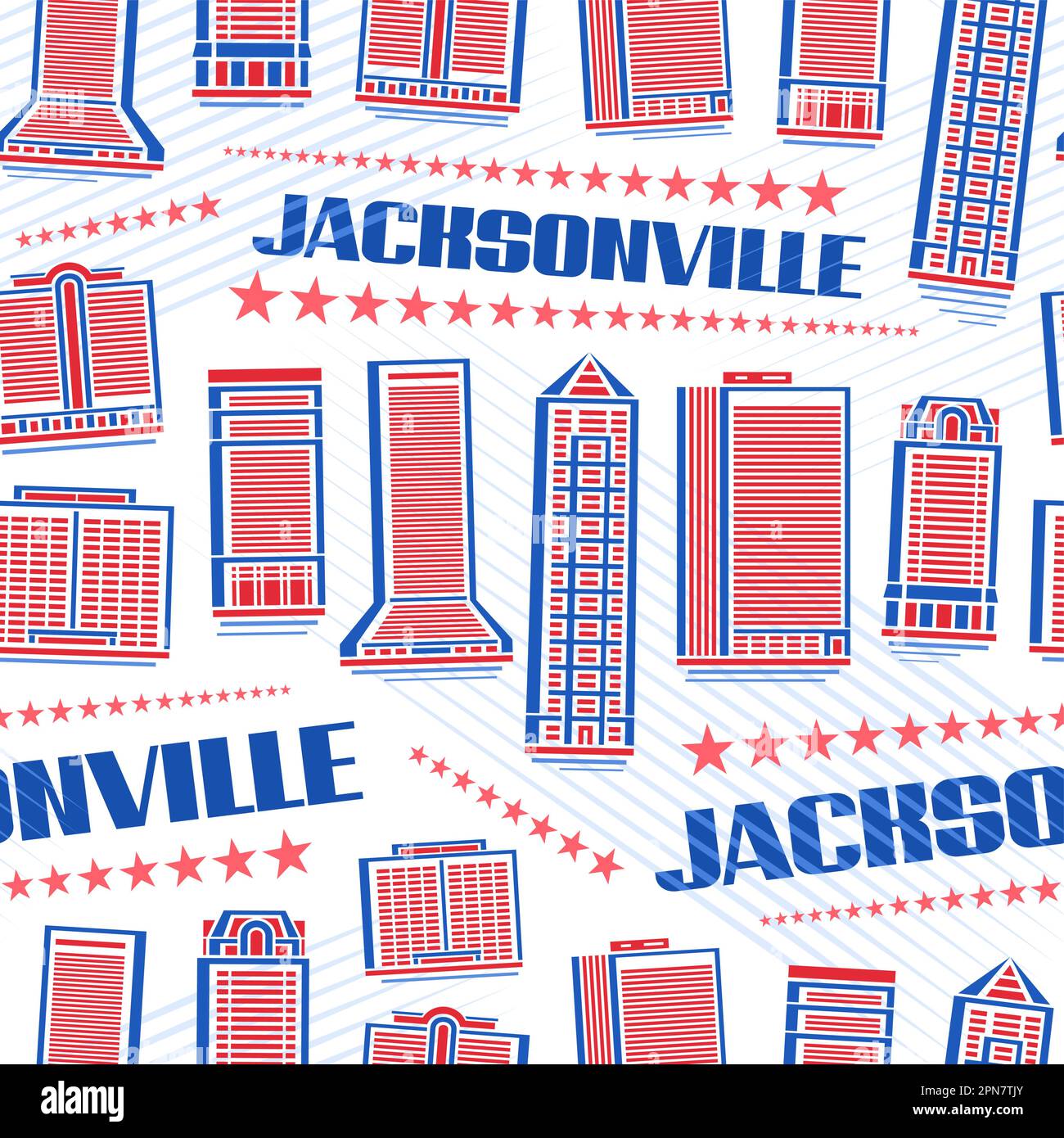 Vector Jacksonville Seamless Pattern, sfondo ripetuto con illustrazione del paesaggio rosso della città di jacksonville su sfondo bianco per carta da imballaggio, li Illustrazione Vettoriale