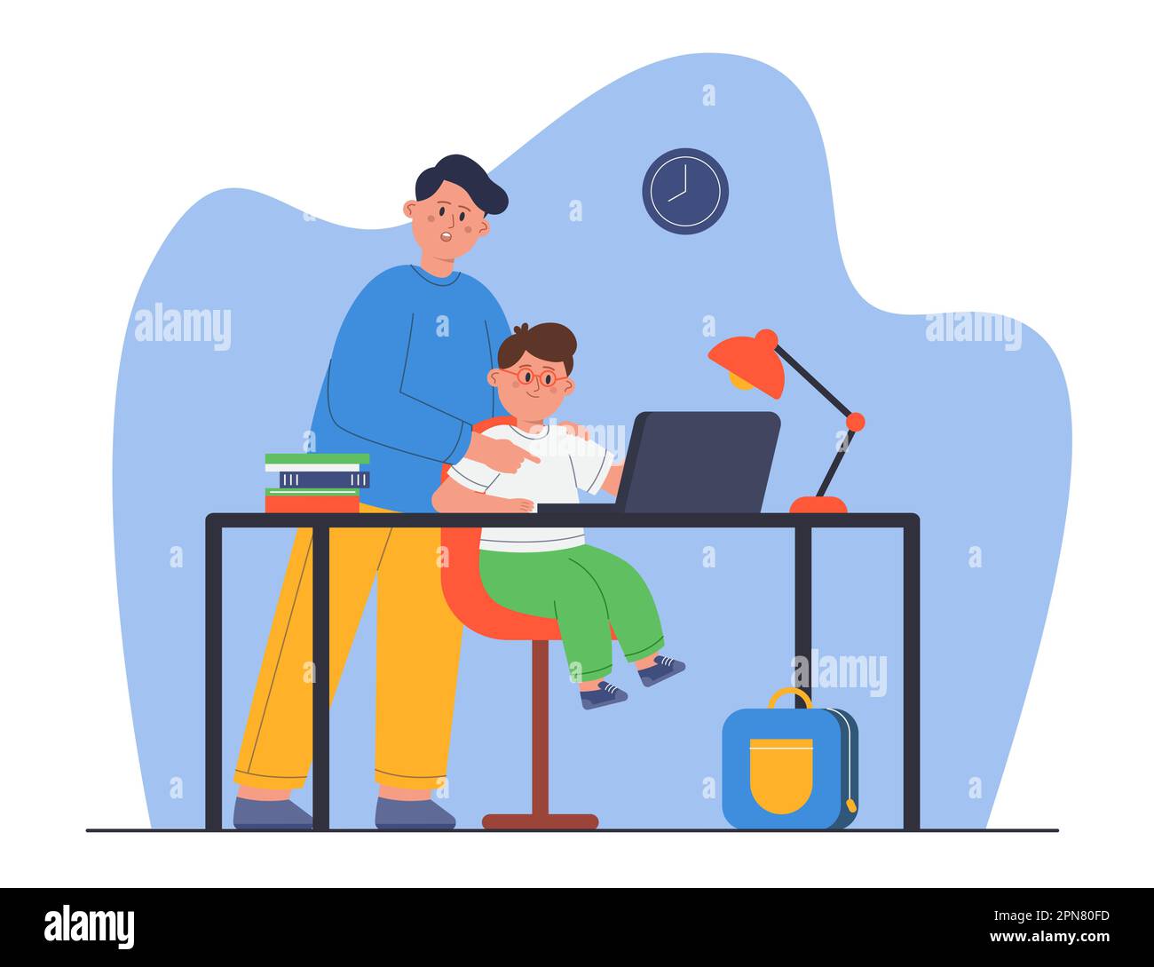 Padre e figlio piccolo che guardano il portatile e la lettura Illustrazione Vettoriale