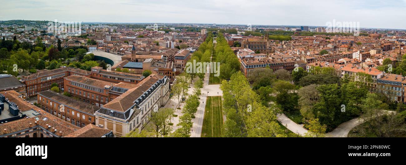 FRANCIA, HAUTE-GARONNE (31) TOLOSA, CENTRO DELLA CITTÀ E GIARDINO DELLE PIANTE, GRANDE ROTONDA E ESPLANADE ALAIN SAVARY VISTA AEREA Foto Stock