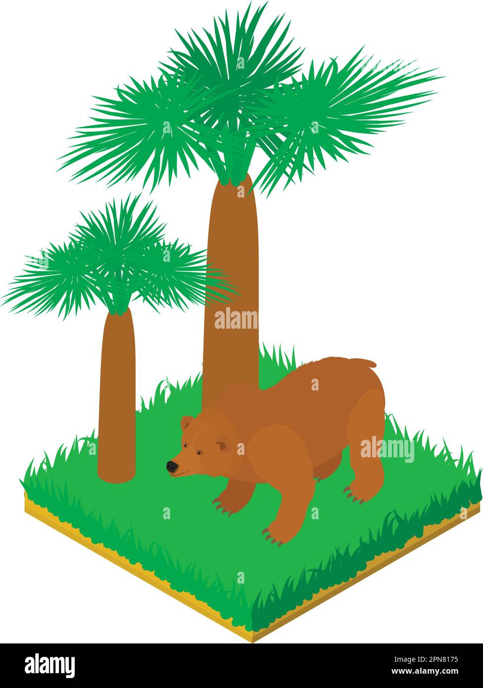 Vettore isometrico dell'icona dell'orso grande. Animale di orso marrone in piedi in erba verde icona. Fauna, zoo abitante Illustrazione Vettoriale