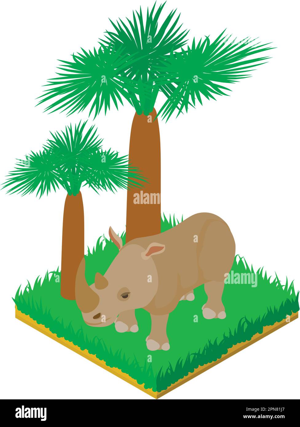 Vettore isometrico icona rinoceronte grigio. Animale rinoceronte in erba verde. Fauna, fauna selvatica, protezione ambientale Illustrazione Vettoriale