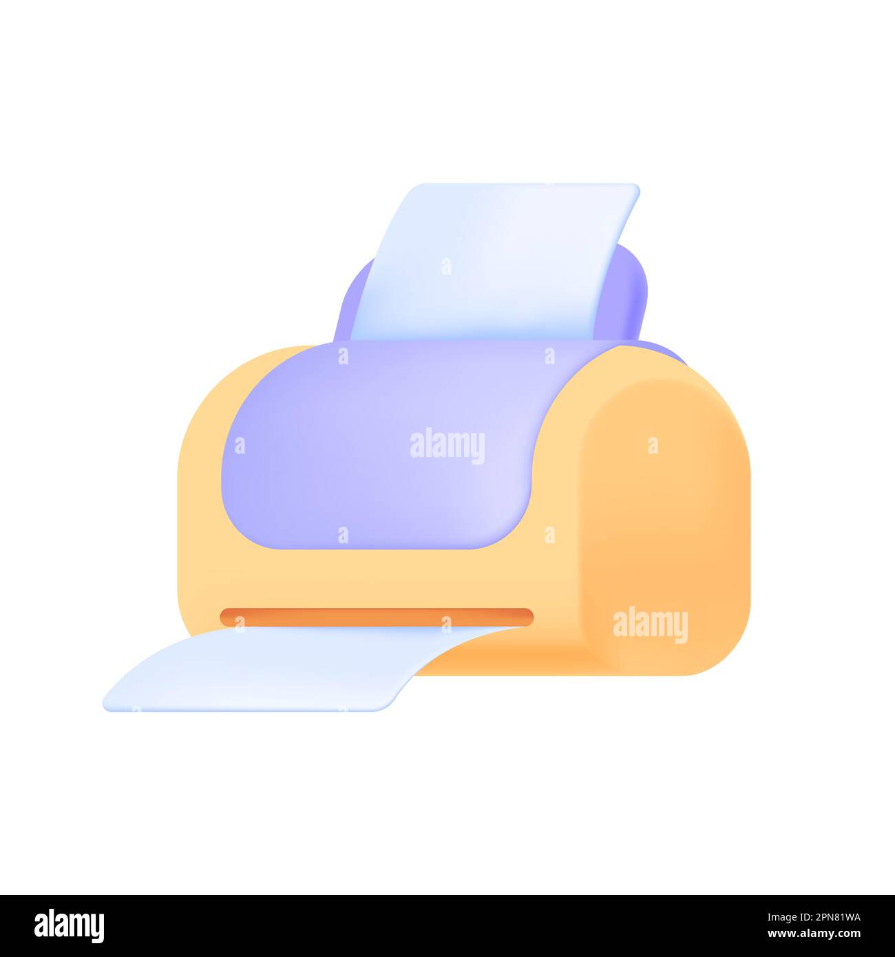 Stampante gialla e viola con foglio di carta icona 3D Illustrazione Vettoriale