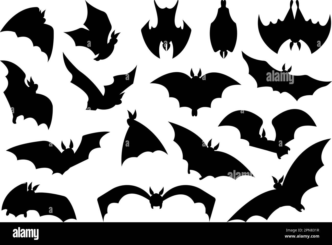 Flying BAT silhouettes nero, pipistrelli simboli halloween sciami. Vampiri scricchiolanti, grafica horror gotica Animali isolati clipart decente del vettore Illustrazione Vettoriale