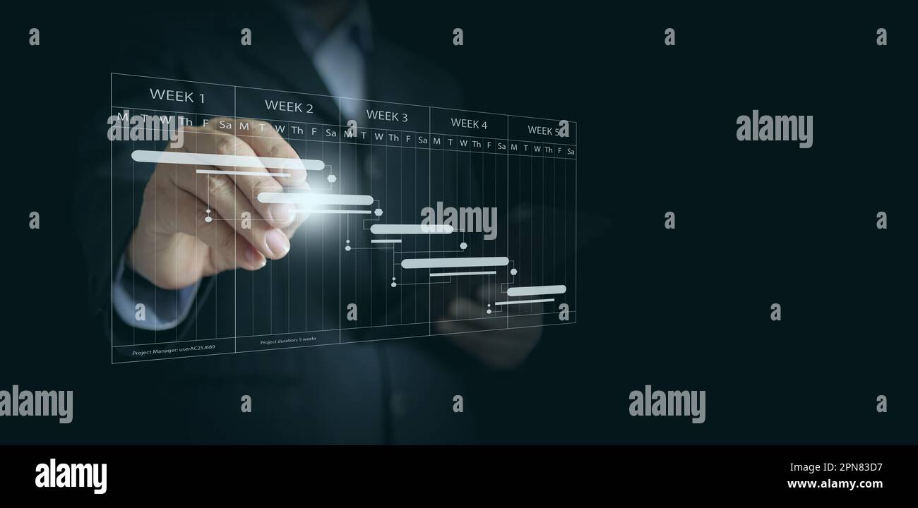 Pianificazione e pianificazione del project manager: Scrivere la cronologia di un progetto per garantire un completamento tempestivo. Concetto di gestione del progetto. Foto Stock