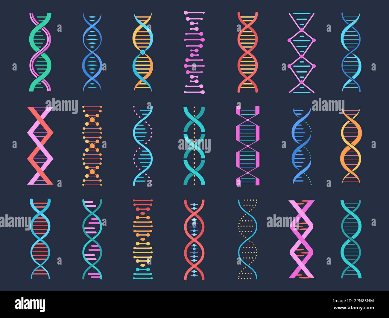 Simboli del pittogramma del DNA, forme geniche. Elementi biologici, ricerca codice elica genetica. Geni di sequenza medica, segni vettoriali semplici e decenti vibranti Illustrazione Vettoriale