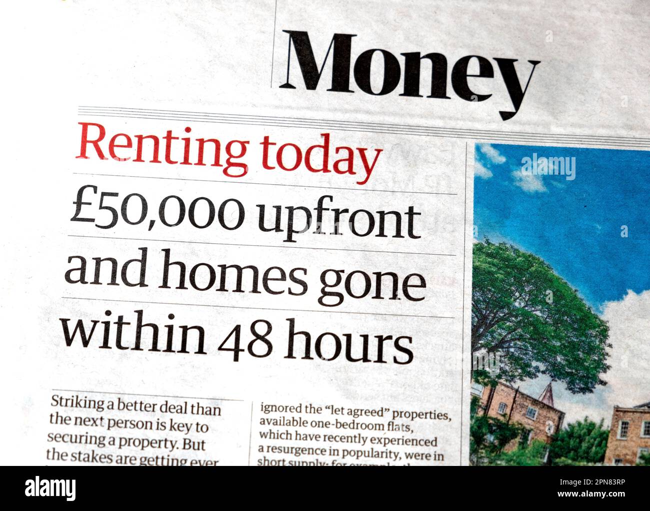 'Affittare oggi £50.000 upfront e le case sono andati entro 48 ore' Guardian giornale titolo Money Property articolo finanziario 8 aprile 2023 Londra UK Foto Stock