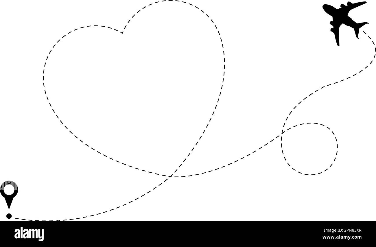 Amore aereo rotta, aereo volo forma di cuore. Simbolo di matrimonio, percorso di viaggio da punti. Linea punteggiata e spilla destinazione, viaggio romantico decent vettore Illustrazione Vettoriale