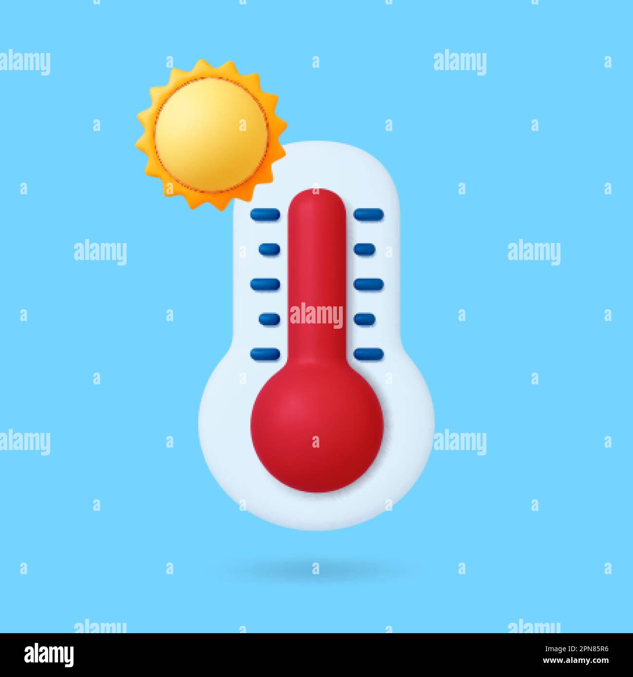 Termometro meteorologico a temperatura calda. 3D sole, elemento grafico di previsione. Icona del calore vettoriale di rendering realistico per app, web design, programmi tv Illustrazione Vettoriale