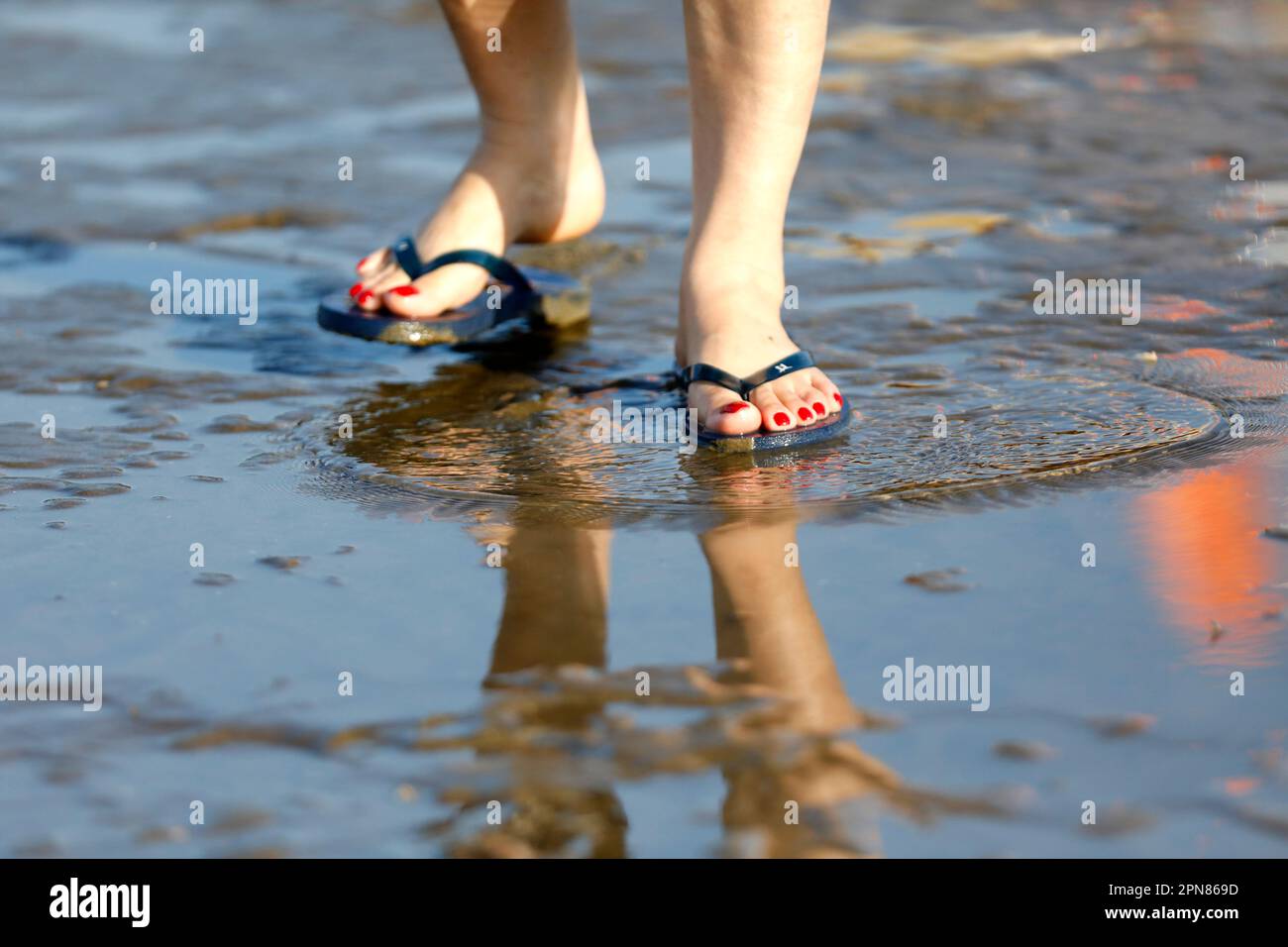 Donna che indossa un flip flop a piedi sulla riva di una spiaggia di mare. Vung Tau. Vietnam. Foto Stock
