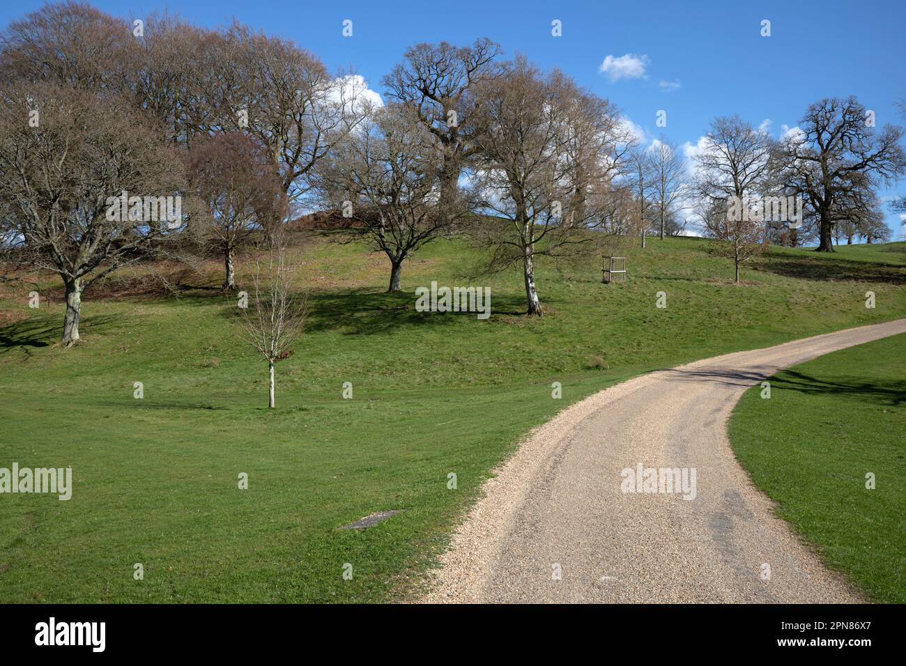 Vista dei resti del castello di William Marshal in Hamstead Park vista dal sentiero pubblico, Hamstead Marshall, Newbury, Berkshire, Inghilterra, REGNO UNITO Foto Stock