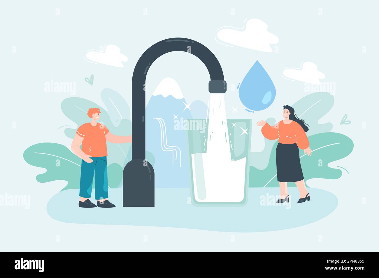 Persone piccole con un enorme bicchiere di acqua potabile pulita Illustrazione Vettoriale