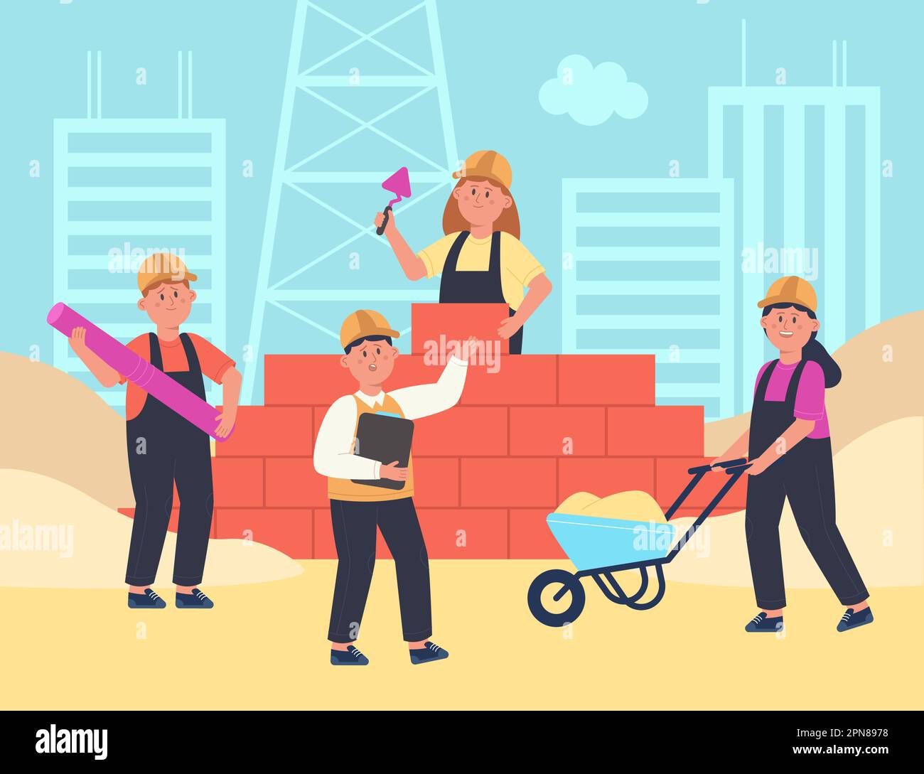 Squadra di bambini costruttori costruire casa insieme Illustrazione Vettoriale