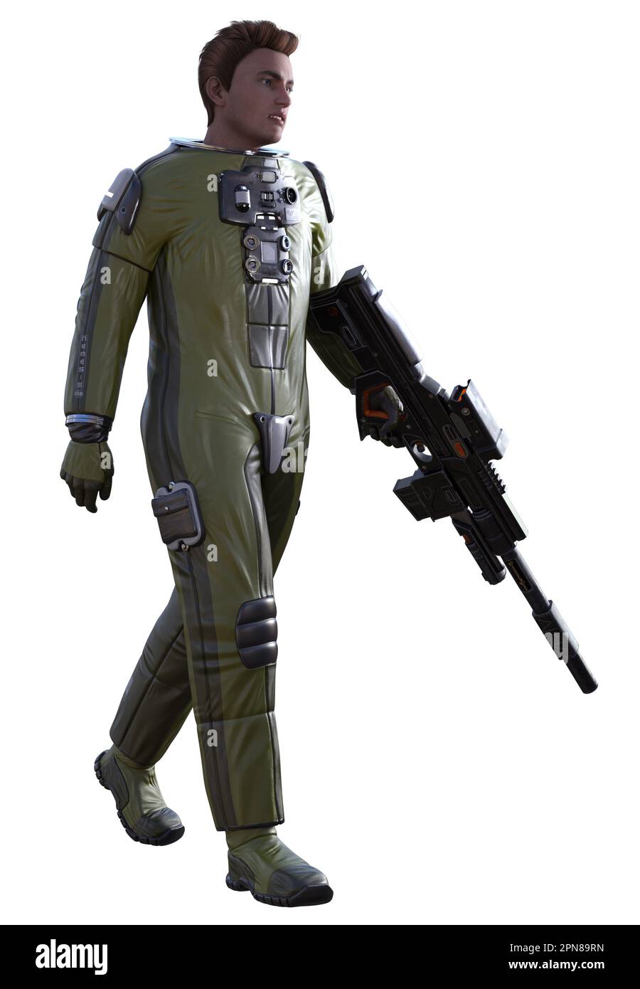 soldato spaziale armato di fucile futuristico, rendering 3d Foto Stock