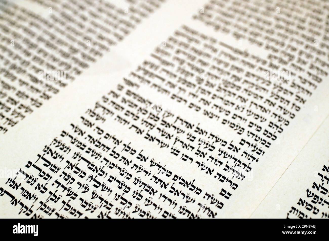 Dettaglio in primo piano del tradizionale libro a scorrimento Torah. Foto Stock