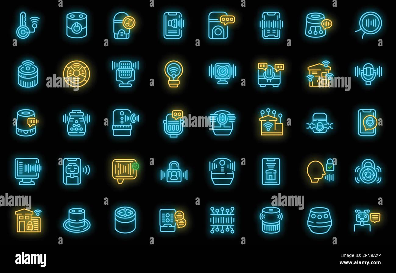 Le icone dell'assistente intelligente impostano il vettore di contorno. Voce intelligente. Musica digitale colore neon nero Illustrazione Vettoriale