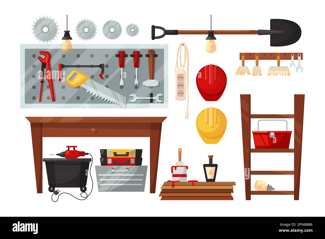Set di illustrazioni vettoriali per mobili e utensili da officina o da garage Illustrazione Vettoriale