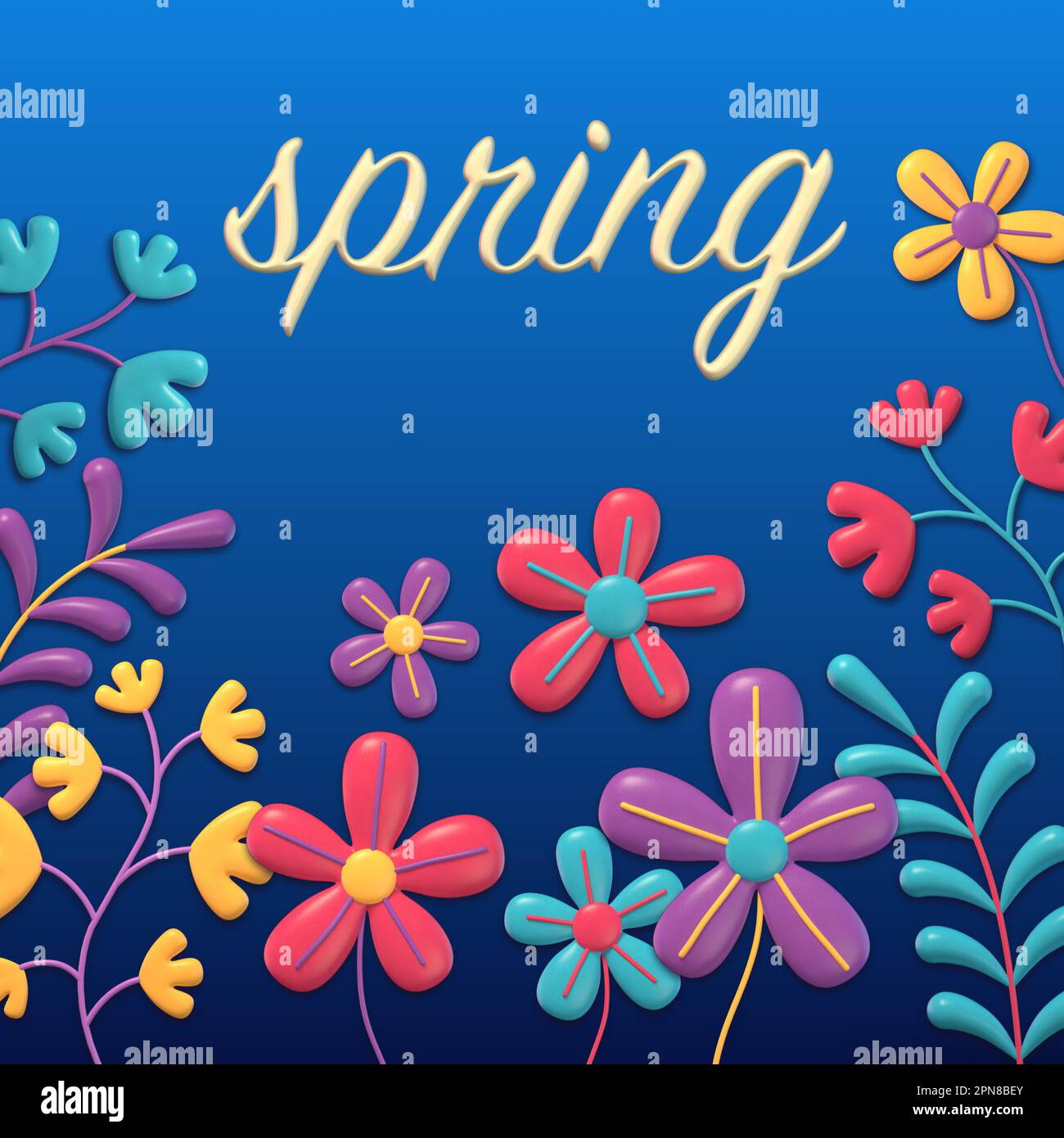 primavera, 3d parola, sfondo con fiori e piante, rendering 3d, logo design Foto Stock
