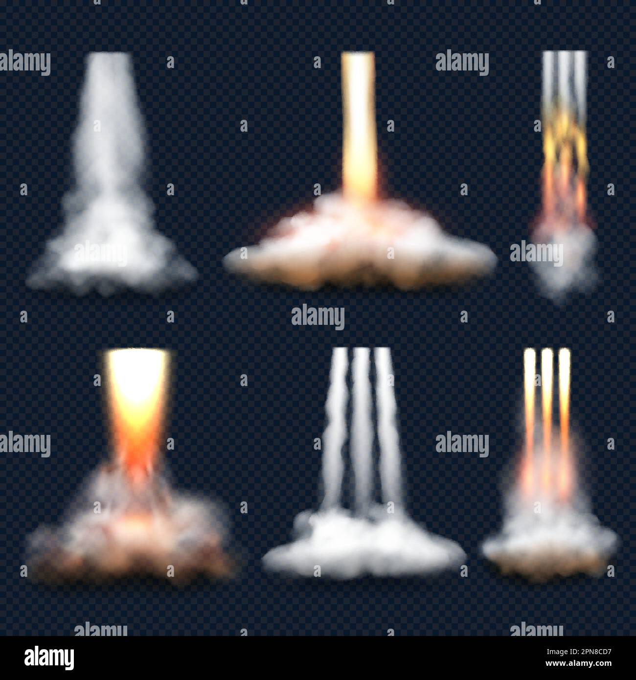Fumo dal razzo. Astronave lanciare fumo e fuoco fiamma decent vettore modello realistico Illustrazione Vettoriale