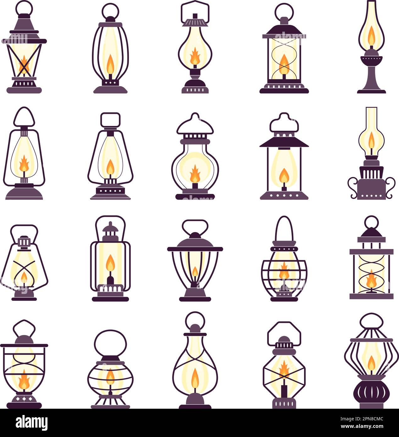 Set di lanterne. Kerosene vintage vecchio stile oggetti luce recenti vettore stilizzato silhouette di lanterne Illustrazione Vettoriale