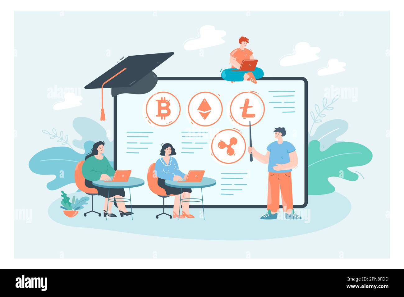 Accademia online con studenti che imparano criptovaluta e trading Illustrazione Vettoriale