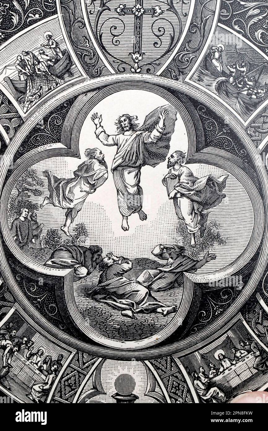 Vecchio Missel romano. Illustrazione storica. La Trasfigurazione di Gesù. Mosè ed Elia. Foto Stock