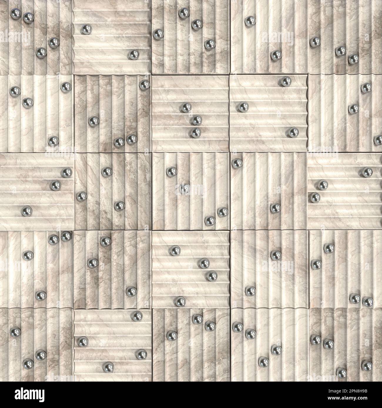 sfondo astratto di blocchi di marmo con sfere di acciaio. rendering 3d Foto Stock