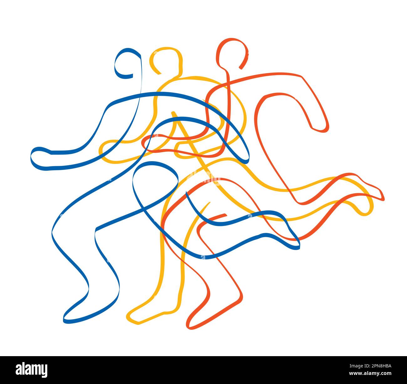 Corsa, maratona, jogging, line art stilizzato. Illustrazione stilizzata di tre corse. Disegno a linea continua. Illustrazione Vettoriale