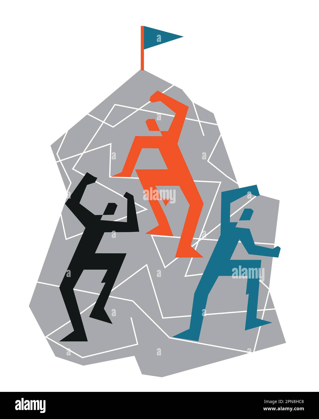 Tre arrampicatori su una parete di roccia. Illustrazione geometrica stilizzata dell'attività di alpinismo. Isolato su sfondo bianco. Vettore disponibile. Illustrazione Vettoriale
