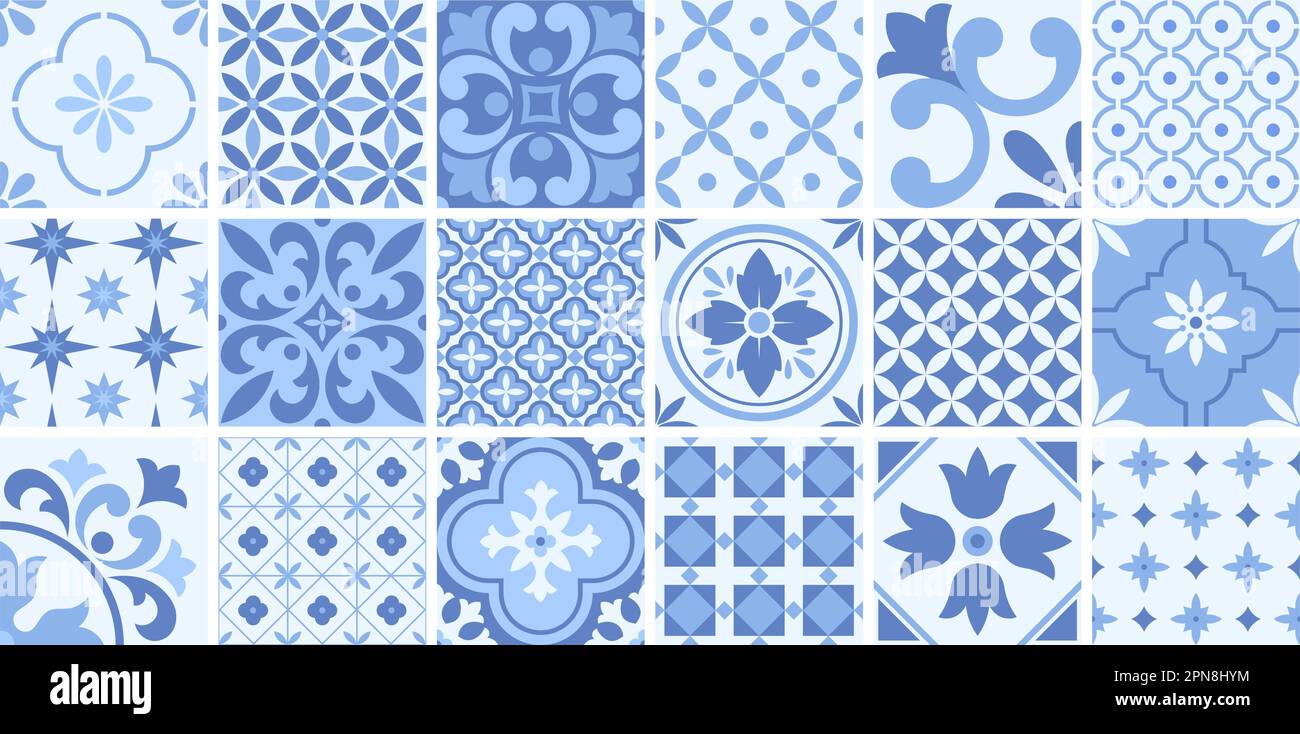 Moderne piastrelle portoghesi, motivi a mosaico floreali per la cucina per le pareti o il pavimento decor. Decorazioni in piastrelle, elementi vettoriali in ceramica marocchina, racy spagnola Illustrazione Vettoriale