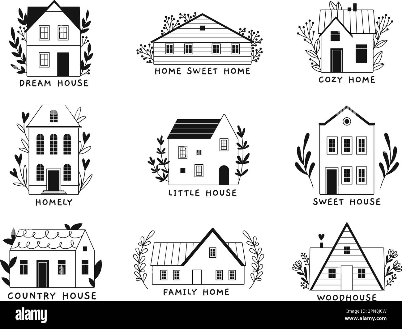 Logo grafico Sweet home. Case monocromatiche e iscrizione, segni nostalgici. Città piccoli edifici con piante. Emblemi vettoriali per la democrazia immobiliare Illustrazione Vettoriale